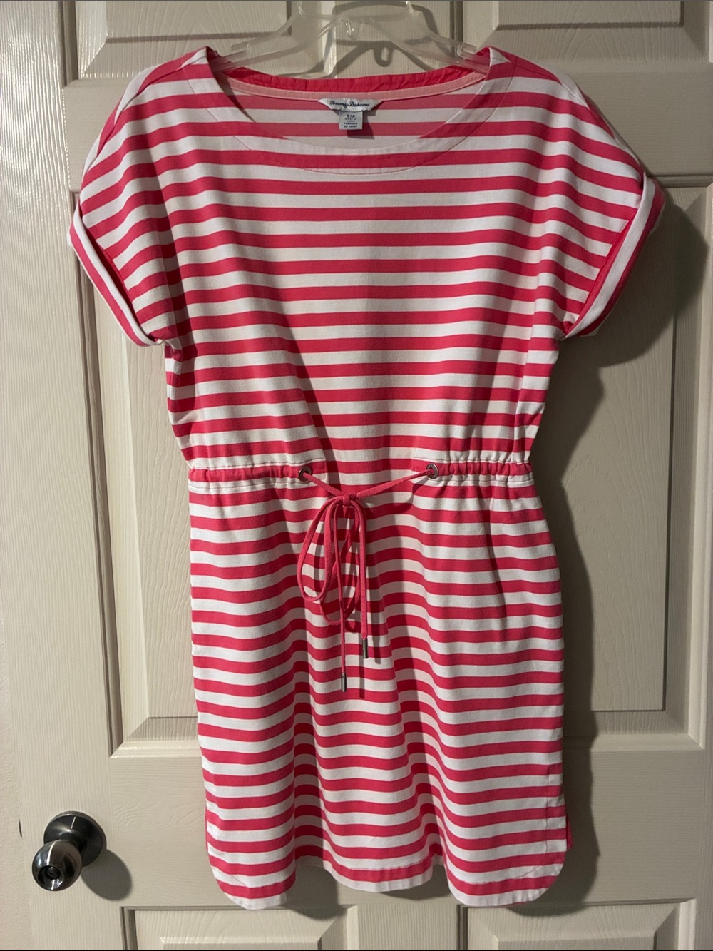 Tommy Bahama Johanna White and Pink Striped Drawstring Short Sleeve Dress